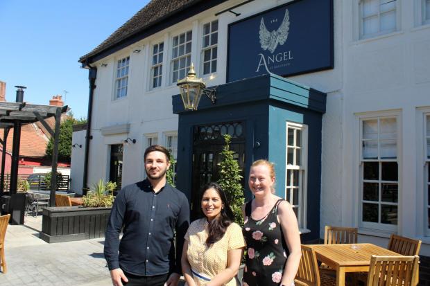 Pub - Priti Patel MP, with Managing Partners Laura Smith and Rogan Wickham, outside The Angel, Kelvedon (Stuart Gulleford)