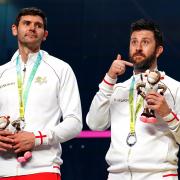 Silver success - England's Daryl Selby and Adrian Waller with the silver medal after the Men's Squash Doubles Medal match at the University of Birmingham at the Commonwealth Games Picture: MIKE EGERTON/PA