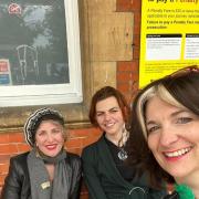 On the big screen  - (left to right) Book Club members Rachel and Izak with founder Jo Coldwell, waiting at a train station before making their way to the studio.