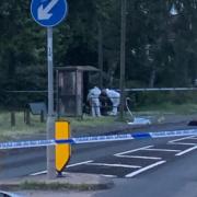 Concerning - forensic officers examine a bus stop near the village green in Tiptree