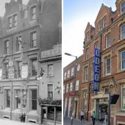 A side by side image of the Head Street building in 1883 and present day