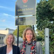 Concerned - Labour councillors Jocelyn Law and Pam Cox outside The Gilberd School