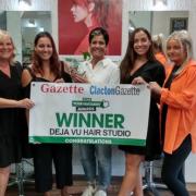 Winners - [left to right] Susan George, Charlotte Roga, Dina Humphreys, April Humphreys and Aimee Oldfield with the prize banner