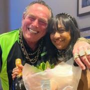 All smiles - Colchester Mixed Darts Open League patron Bobby George with league president and founder Pamela Waller Boon