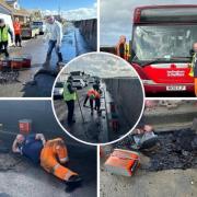 Repair - Pictures of residents and Councillor Bradley Thompson fixing the pothole