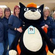 Mascot - Workers Julie, Anita, Amy, Nikki and Jan with the huge Jellycat Jack at Bill & Bert's
