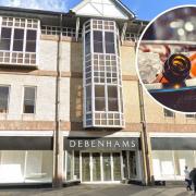 Location - a Streetview Image of the former Debenhams site and an inset image of alcohol