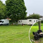 A previous image of the travellers at King's Meadow and an inset image of rubbish discovered in the park