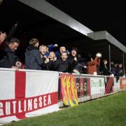 Brightlingsea Regent Fans celebrating a 3-2 victory against Maldon & Tiptree, December 2025
