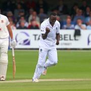 Potent - West Indies bowler Kemar Roach celebrates taking the wicket of Essex batsman Daniel Lawrence at Chelmsford Picture: Gavin Ellis/TGS Photo