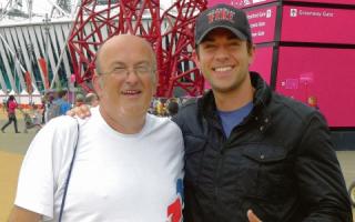 Conrad Readman (left) at the Olympic Park with Zachary Levi, from US TV series Chuck